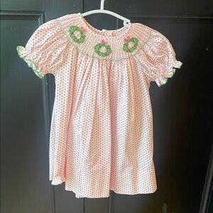 luli & me Pink Polka Dot Smocked Christmas Dress with Green wreaths Accents
